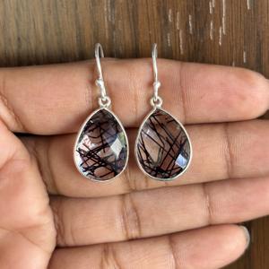 Boucles d'oreilles pendantes en forme de poire en argent sterling 925 avec pierre précieuse rutile de style bohème, cadeau tendance pour femmes - Product Image 4