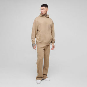 Chándal de algodón de gran tamaño Beige para hombre, Sudadera con capucha de felpa francesa de peso pesado con bolsillo de canguro y estilo de calle - Product Image 1