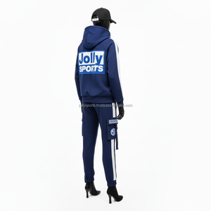 Women Luxury Cotton Blend <b>Fleece</b> Tracksuit 300 GSM <b>Navy</b> Blue Full Zip Hoodie Contrast Panel Custom Logo Tracksuits Plus size - Product Image 5