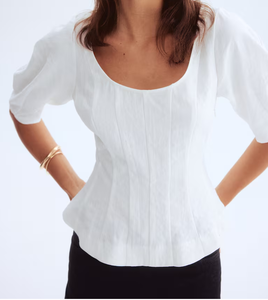 Vestidos de mujer de calidad estándar Top con peplum de cuello redondo estructurado blanco para venta de exportación mundial - Product Image 1