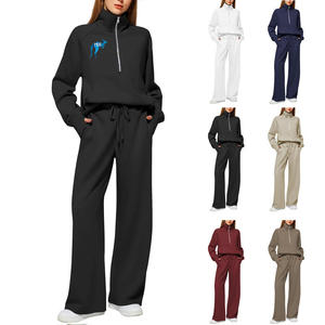 Trajes de dos piezas, conjunto de trajes cálidos de Color sólido, conjuntos de ropa de otoño e invierno para mujer, sudadera con cremallera y cuello levantado, Pantalones - Product Image 2