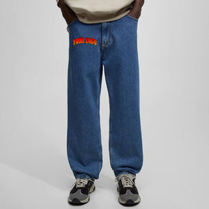 กางเกงยีนส์ทรงหลวมสีน้ำเงินเข้มสำหรับผู้ชายกางเกงยีนส์ทรงตรงไฮสตรีทสีน้ำเงิน100% งานตามสั่ง - Product Image 6