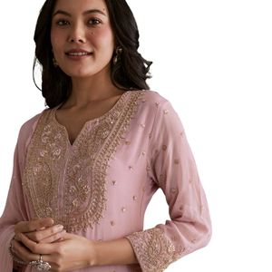 Elegant Light <b>Pink</b> Georgette Silk Sharara Suit Zardosi Embroidered Dupatta for Festive Womens Ethnic Party Wear Wrinkle-Free - Product Image 4