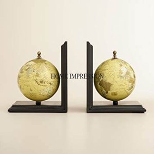 <b>Black</b> Color High Standard Quality <b>Metal</b> Powder Coated Base Stand With World Round Globes Designer Bookends Supplies From India - Product Image 1