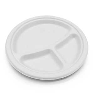 ProTakeOut, 9 assiettes rondes compostables en bagasse à 3 compartiments – Lot de 500 – Sans PFAS, assiettes écologiques en canne à sucre blanches - Product Image 1