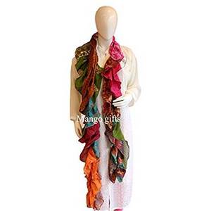 Pañuelo de seda largo estilo vintage para mujer, con diseño de diseñador dibujado a mano, estola elegante con volantes de Kantha reciclado para primavera - Product Image 2