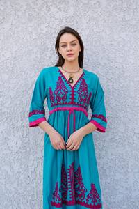 Attractive Boho Style Embroidery <b>Maxi</b> <b>Dress</b> 100% Cotton 3/4 Sleeves Knee-Length Natural Waistline Woven Ladies <b>Maxi</b> <b>Dress</b> - Product Image 3