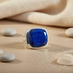 Women's 925 Silver <b>Lapis</b> <b>Lazuli</b> <b>Ring</b> Classic Style Statement Gemstone Jewelry Gold Plating Rectangle Shape Rough Pattern Art - Product Image 2