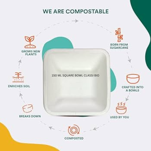 ชามทรงสี่เหลี่ยมทำจากชานอ้อย ย่อยสลายได้ 100% เป็นมิตรกับสิ่งแวดล้อม ใช้แล้วทิ้ง สีขาว ทันสมัย ขนาด 150 มล. สำหรับงานแต่งงาน โรงแรม และการตั้งแคมป์ - Product Image 6