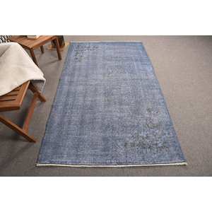 Alfombra turca vintage moderna, diseño de retazos azul y azul, tejido plano de lana de 4x6,9 pies para decoraciones de sala de estar - Product Image 1