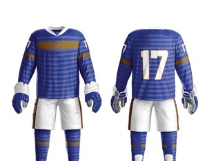 Custom Men Ice Hockey Uniform Blue Striped Jersey White Shorts Full Sleeve V-Neck <b>Moisture</b> Wicking 100% Polyester Custom Team - Product Image 3