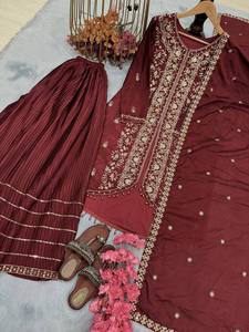 Précis pakistanais indien dames ethnique Slim Fit Salwar Kameez costumes nouveautés Premium Chinon soie personnalisable adultes fête - Product Image 4