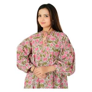 Robe tunique bohème en coton, imprimé floral, dentelle décorative, motifs tissés, respirante, coupe trapèze, pour l'été, manches tissées - Product Image 5