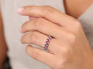 Anillo de Oro Puro de 14K con Rubí Natural Talla Marquesa y Diamantes Talla Redonda, Dos Hileras, para Regalo de Aniversario, Piedra de Nacimiento de Julio - Product Image 3