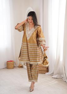 Designer Two Tone Line Tissue Fabric With Coding Embroidered And Mirror work Lace <b>Top</b> With Bottom And Embroidery Lace Work Batwa - Product Image 4