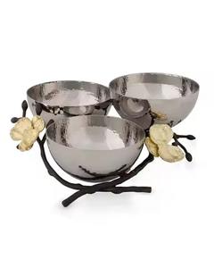 Elegant Triple Silver <b>Bowl</b> With Golden Floral Base Perfect For Serving <b>Snacks</b> Or As A Luxurious Table Decor Accent - Product Image 1