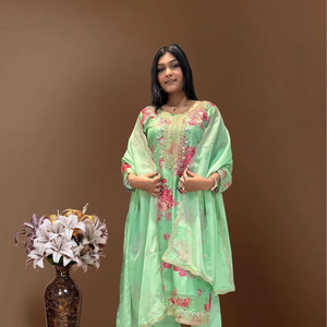 Nouveau Design attrayant Kundan Organza broderie codage Dori-séquence avec miroir en pierre lourde travail à la main haut et pantalon avec Dupatta - Product Image 1