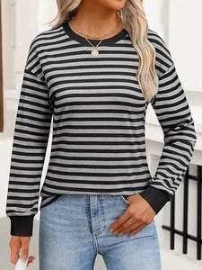 Haute qualité confortable femmes rayé à manches longues T-Shirt respirant Durable coton soie grande taille décontracté à la mode tricoté - Product Image 2