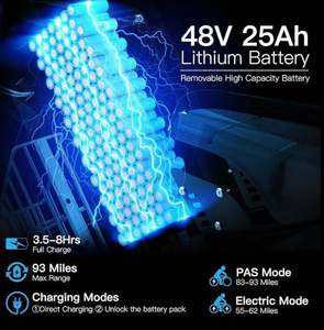 จักรยานไฟฟ้า GT20 รุ่นใหม่ล่าสุดสำหรับผู้ใหญ่ มอเตอร์ 1500W/3000W แบตเตอรี่ถอดได้ 25AH 40AH ระยะทางสูงสุด 93-145 ไมล์ รับประกัน 3 ปี - Product Image 3