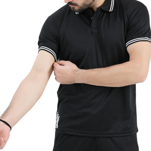 Polo homme noir à col rayé blanc, manches courtes, élégant, confortable, vêtement de sport, tissu respirant de haute qualité - Product Image 3