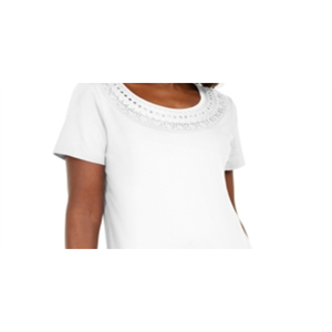 T-shirt bianca slim fit da donna Karen Scott in cotone lavorato a maglia con decorazioni in pizzo all'uncinetto traspirante, taglie dalla XS alla XL, per l'estate - Product Image 2