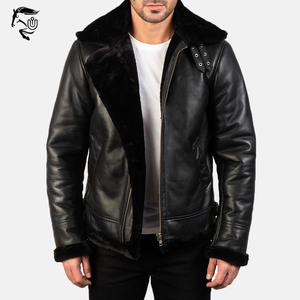Blouson aviateur en cuir denim noir, style streetwear, pour homme, hiver, véritable fourrure de mouton, imperméable, coupe-vent, respirant - Product Image 4