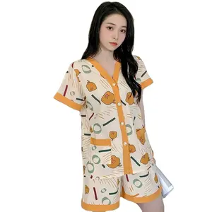 2023 gaya terbaru musim panas lengan pendek wanita piyama susu sutra pakaian tidur kardigan Korea lucu pakaian rumah dua potong set pakaian rumah