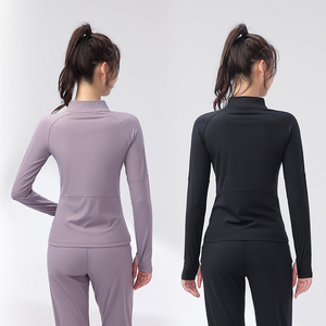 Alta calidad 180gsm 85% poliéster 15% Spandex Quarter Zip Thumb Loops Curvy Hem manga larga Active Tops Yoga Gym Shirt para mujeres - Product Image 5