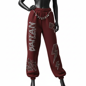 Pantalones Holgados para Mujer, Mezcla de Algodón Grueso con Felpa, 300 GSM, Color Vino Tinto Oscuro, Logotipo de Cristal con Pedrería, Personalizables - Product Image 6