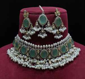 White Gold Plated Designer Polki <b>Necklace</b> <b>Set</b> with Earrings Bridal Jewelry for <b>Wedding</b> & Party Celebration Brass Material - Product Image 1