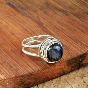 Anillo de doble banda de labradorita azul Natural, envoltura de alambre hecha a mano de Plata de Ley 925, joyería de declaración Bohemia - Product Image 4