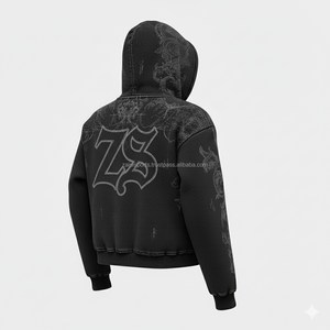 Sudadera con capucha Premium 380 GSM Heavy Fleece con cremallera Tela de mezcla de algodón suave Color negro Logotipo personalizado Bordado Impresión básica Sudadera con capucha - Product Image 5