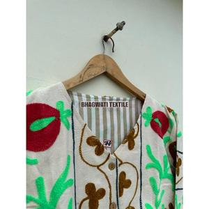 Unisex Floral algodón mano Suzani bordado Chaqueta corta transpirable hermoso borde crudo abrigo con tejido regalo especial - Product Image 6