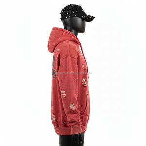 Sweat à capuche en molleton délavé à l'acide, poids lourd, rouge vintage, tissu en coton doux avec détails déchirés, logo en strass personnalisé, sweat à capuche basique - Product Image 5