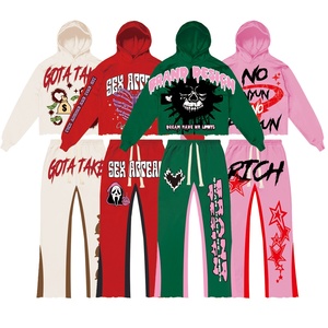 Chándal de retazos con logotipo personalizado de algodón 100%, conjunto de pantalones acampanados de 2 piezas, conjuntos de dos piezas para hombre, Top corto, conjuntos de pantalones de chándal informales para hombre - Product Image 1