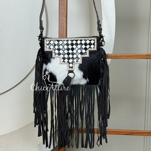Wholesale 2025 New Style Checkered Design Luxury Fringe Handbag Hand <b>Tooled</b> <b>Leather</b> Trendy Genuine Cowhide <b>Leather</b> Shoulder Bags - Product Image 1