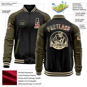 OEM Fabrication Personnalisée de Haute Qualité Noir Vintage USA Drapeau Olive-Crème Bomber Varsity Letterman Deux Tons Veste à Fermeture Éclair - Product Image 2