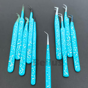 แหนบต่อขนตาสีฟ้าแบบมืออาชีพอุปกรณ์แต่งขนตาโลโก้ตามสั่งทำจากสเตนเลสแบบโค้งทนทานสำหรับศิลปิน - Product Image 4