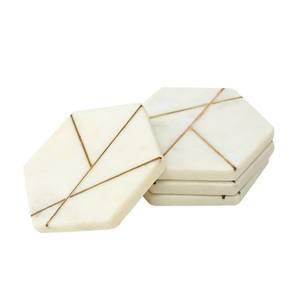 Hex Brass Inlay White <b>Gold</b> Marble Custom Size Luxury Marble Stone& Metal Inlay Cup Coaster for Tea or Coffee Stone Coaster - Product Image 5