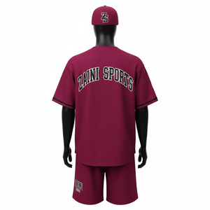 Ensemble short de baseball pour homme en tissu maille polyester de haute qualité, couleur bordeaux, sans panneau, logo en twill cousu, pour homme - Product Image 2