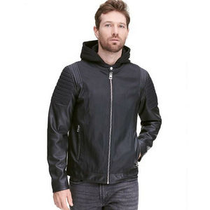 Chaqueta de cuero para hombre en chaqueta de cuero personalizada con capucha negra Chaquetas de cuero de oveja originales mejor diseñadas - Product Image 4