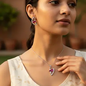 Juego de Pendientes y Colgante de Plata con Rubíes para Mujer, Diseño Floral Vintage, Estilo Religioso Clásico, para Compromiso, Aniversario, Regalo de Platino - Product Image 1