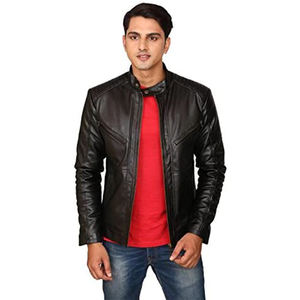 Blouson en cuir uni pour homme, col montant, style streetwear, en laine, pour moto, en promotion en ligne - Product Image 2