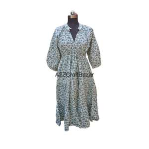 100% coton col en v coupe ample robe mi-longue bloc de main imprimé motif floral 3/4 manches bouton fermeture respirant quotidien naturel - Product Image 1