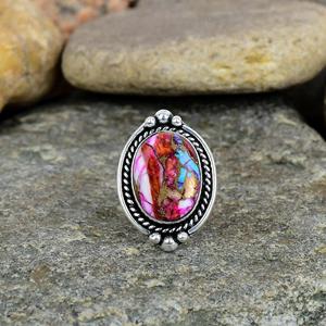 Natural Kingman Pink Dahlia Oyster turquesa sólido 925 plata esterlina ovalado 10x14mm bisel ajuste Vintage hecho a mano anillo mujeres - Product Image 1