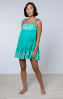 Robe mini trapèze ample en coton doux, col carré, broderie main, décontractée, bretelles spaghetti réglables, tie-dye