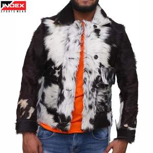 Veste en cuir de vache véritable pour homme, fourrure noire et blanche, imprimé vache, motard, moto, vêtements d'extérieur d'hiver, mode - Product Image 1