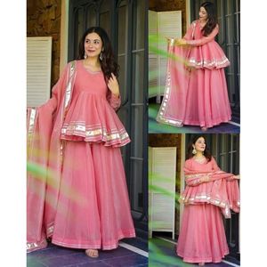 Chiffon Formal Solid Anarkali Sharara Set with Gotta Lace <b>Top</b> Feminine and Elegant Knee Length Pattern ODM Breathable - Product Image 5