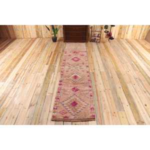 2.6x11.1 ft Vintage Runner Rug, <b>Brown</b> Pink Turkish Plants & trees <b>Wool</b> Rug - Product Image 1