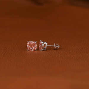 14KT Solid Gold Stud Earrings Back Screw Luxury Hip Hop Jewelry Featuring Lab Grown <b>Pink</b> Cushion Cut Diamond Gold Bezel Set - Product Image 2